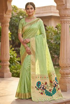 parrot cream soft organza silk blend fabric with paithani style lightweight saree with blouse 1