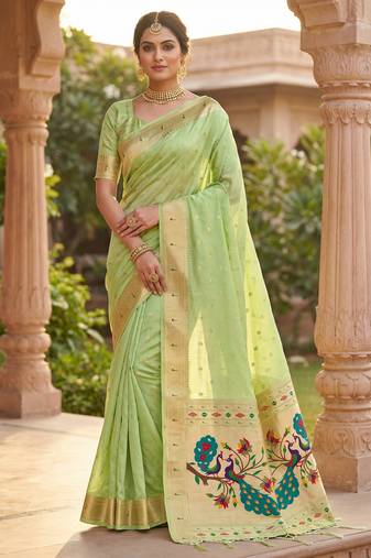 parrot cream soft organza silk blend fabric with paithani style lightweight saree with blouse