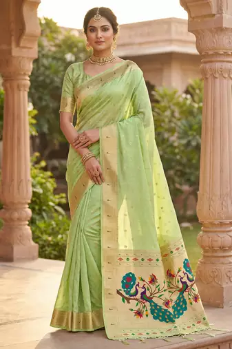 parrot cream soft organza silk blend fabric with paithani style lightweight saree with blouse