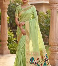 parrot cream soft organza silk blend fabric with paithani style lightweight saree with blouse