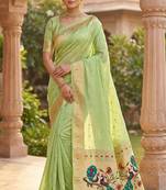 parrot cream soft organza silk blend fabric with paithani style lightweight saree with blouse