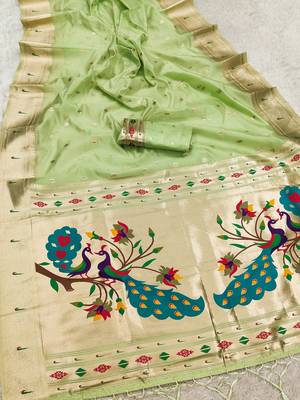 parrot cream soft organza silk blend fabric with paithani style lightweight saree with blouse 2