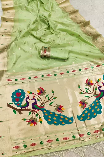parrot cream soft organza silk blend fabric with paithani style lightweight saree with blouse