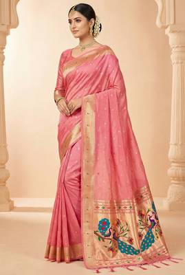 pink soft organza silk blend fabric with paithani style lightweight saree with blouse 1