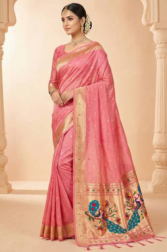 pink soft organza silk blend fabric with paithani style lightweight saree with blouse