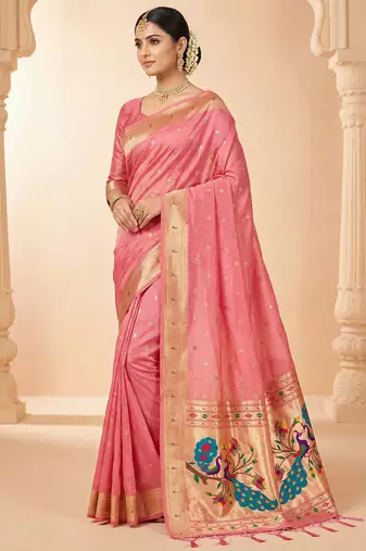 pink soft organza silk blend fabric with paithani style lightweight saree with blouse