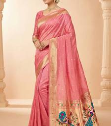 pink soft organza silk blend fabric with paithani style lightweight saree with blouse
