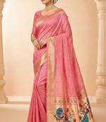 pink soft organza silk blend fabric with paithani style lightweight saree with blouse