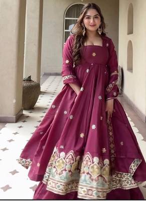 maroon embroidered crepe silk full stitched anarkali suit 1