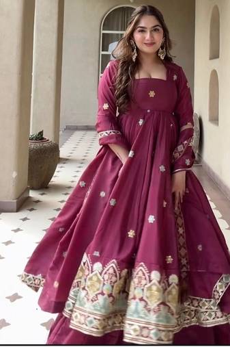 maroon embroidered crepe silk full stitched anarkali suit