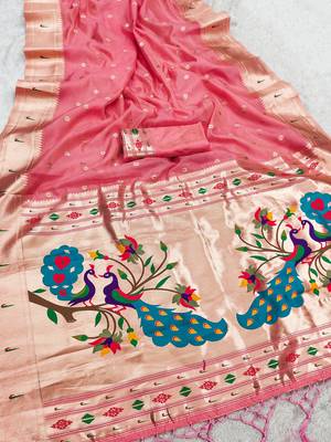 pink soft organza silk blend fabric with paithani style lightweight saree with blouse 2