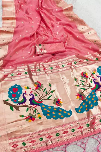 pink soft organza silk blend fabric with paithani style lightweight saree with blouse