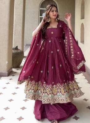 maroon embroidered crepe silk full stitched anarkali suit 2