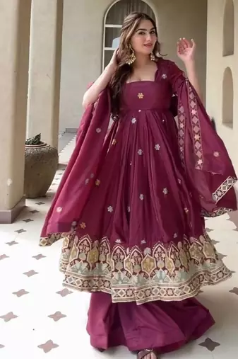 maroon embroidered crepe silk full stitched anarkali suit