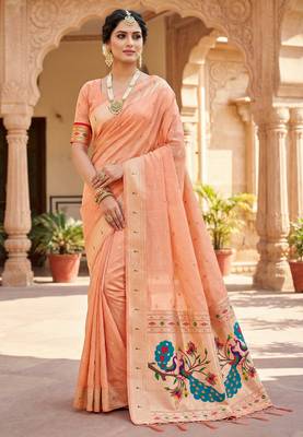 peach soft organza silk blend fabric with paithani style lightweight saree with blouse 1