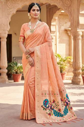 peach soft organza silk blend fabric with paithani style lightweight saree with blouse