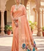 peach soft organza silk blend fabric with paithani style lightweight saree with blouse