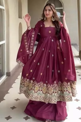 maroon embroidered crepe silk full stitched anarkali suit