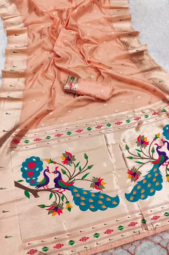 peach soft organza silk blend fabric with paithani style lightweight saree with blouse