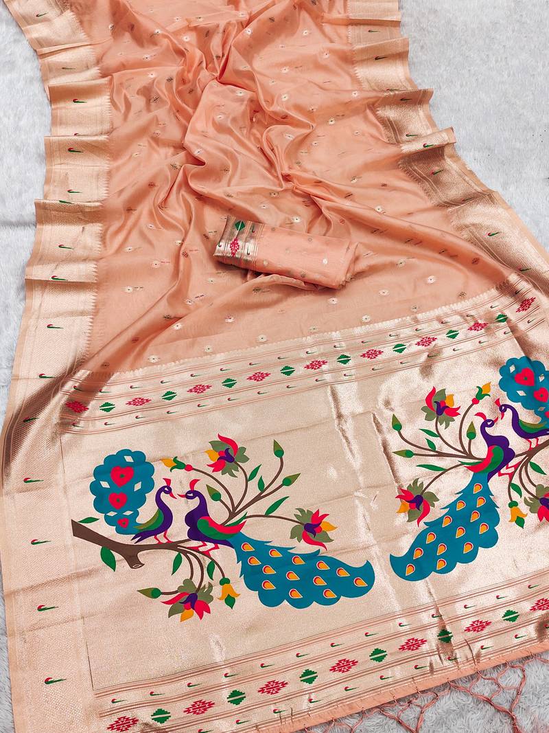 peach soft organza silk blend fabric with paithani style lightweight saree with blouse