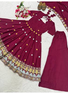 maroon embroidered crepe silk full stitched anarkali suit 4