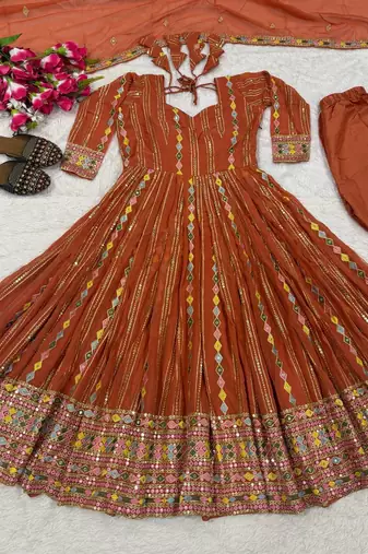 Orange Color Sequence And Embroidery Work  Faux Georgette Salwar Suit