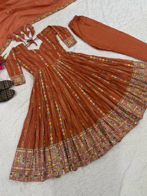 Orange Color Sequence And Embroidery Work  Faux Georgette Salwar Suit 4