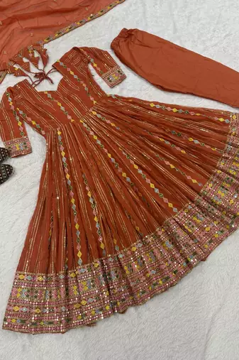 Orange Color Sequence And Embroidery Work  Faux Georgette Salwar Suit