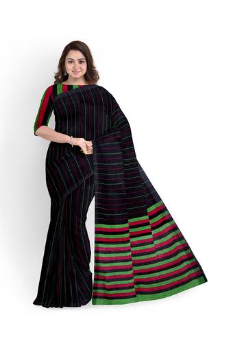 Black striped cotton blend blend saree with green magenta pallu