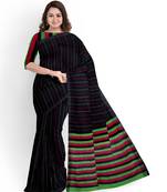 Black striped cotton blend blend saree with green magenta pallu