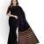 Black striped cotton blend blend saree with green magenta pallu