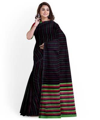 Black striped cotton blend blend saree with green magenta pallu 2