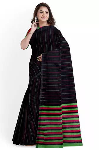 Black striped cotton blend blend saree with green magenta pallu