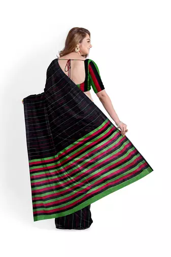 Black striped cotton blend blend saree with green magenta pallu