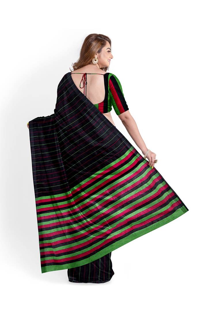 Black striped cotton blend blend saree with green magenta pallu