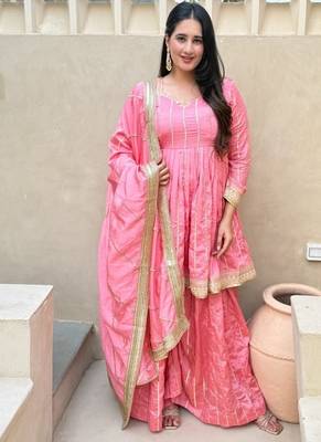 baby pink embroidered vichitra silk full stitched sharara palazzo 1
