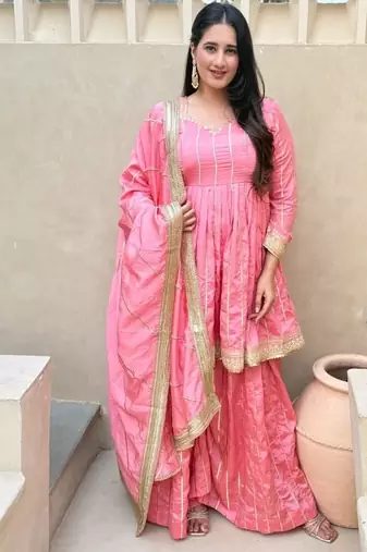 baby pink embroidered vichitra silk full stitched sharara palazzo