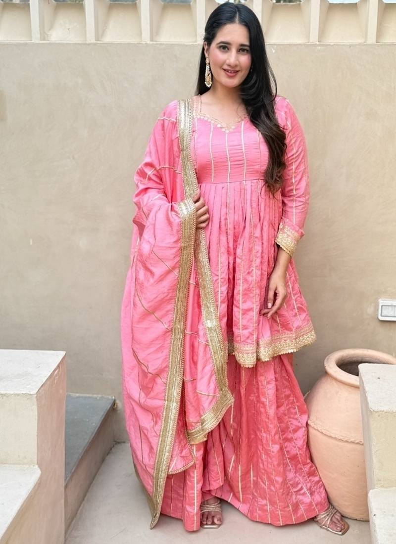 baby pink embroidered vichitra silk full stitched sharara palazzo