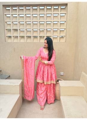 baby pink embroidered vichitra silk full stitched sharara palazzo 2