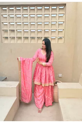 baby pink embroidered vichitra silk full stitched sharara palazzo