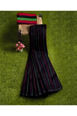 Black striped cotton blend blend saree with green magenta pallu 4