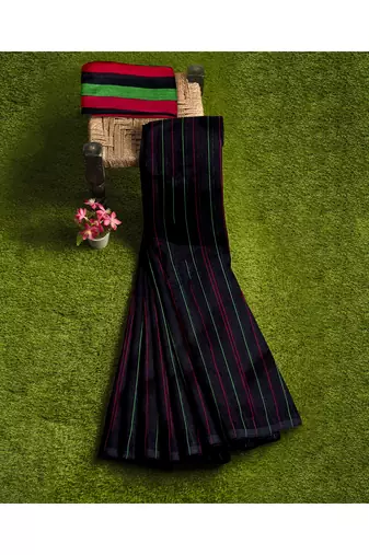 Black striped cotton blend blend saree with green magenta pallu