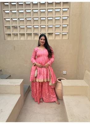 baby pink embroidered vichitra silk full stitched sharara palazzo 3