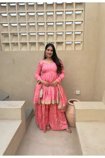 baby pink embroidered vichitra silk full stitched sharara palazzo
