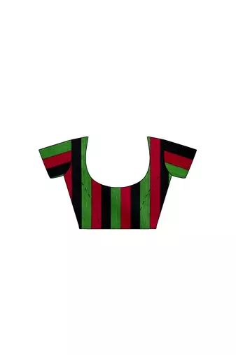 Black striped cotton blend blend saree with green magenta pallu