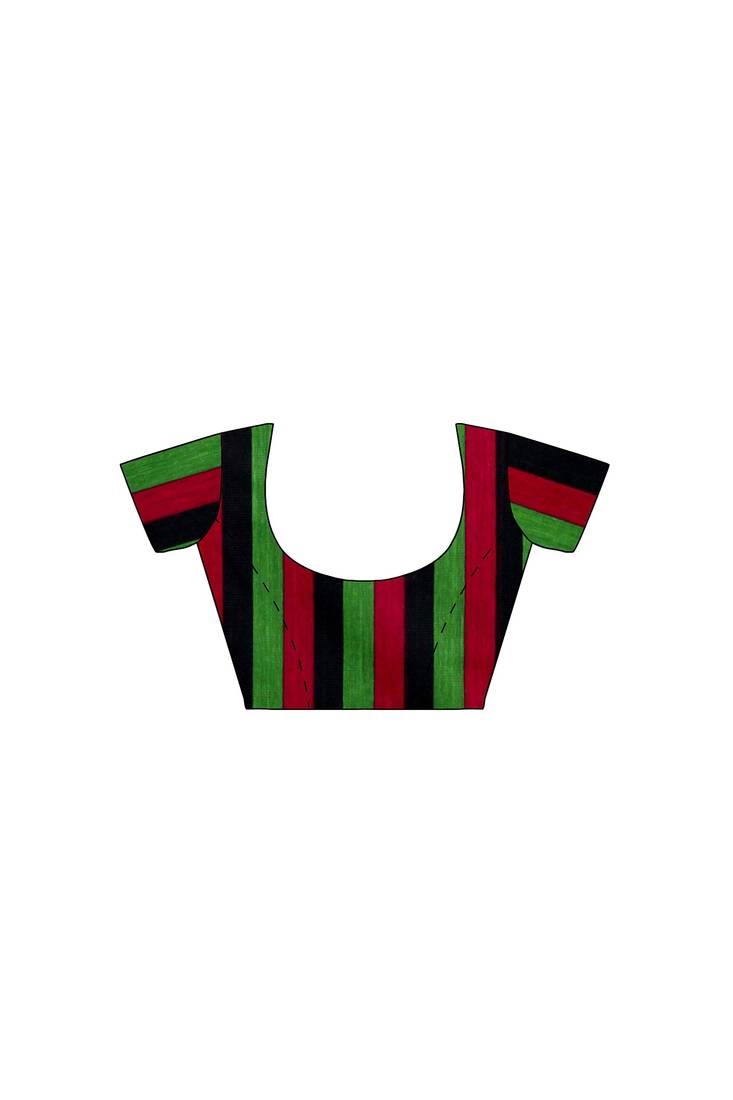 Black striped cotton blend blend saree with green magenta pallu