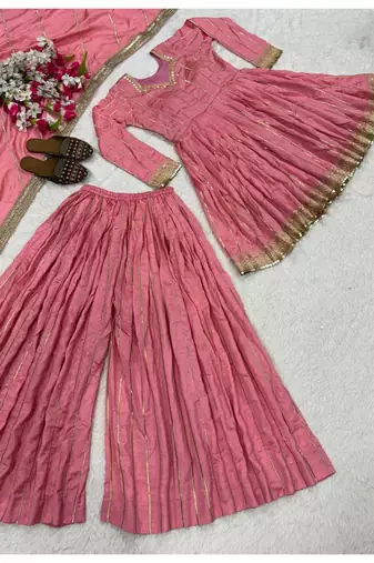 baby pink embroidered vichitra silk full stitched sharara palazzo