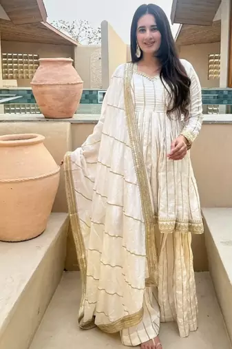 white embroidered vichitra silk full stitched sharara palazzo