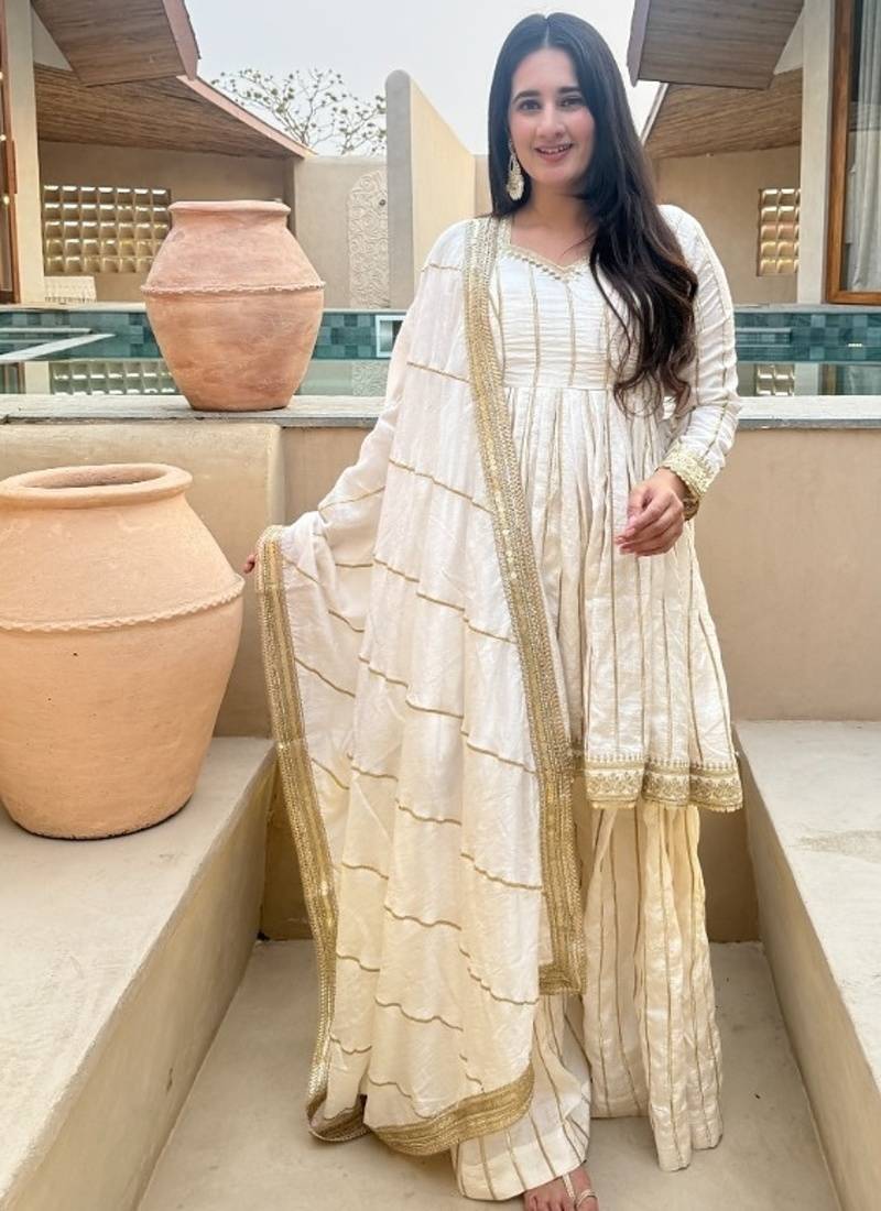 white embroidered vichitra silk full stitched sharara palazzo