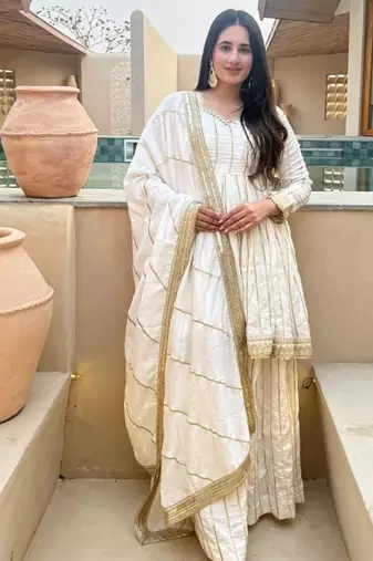 white embroidered vichitra silk full stitched sharara palazzo